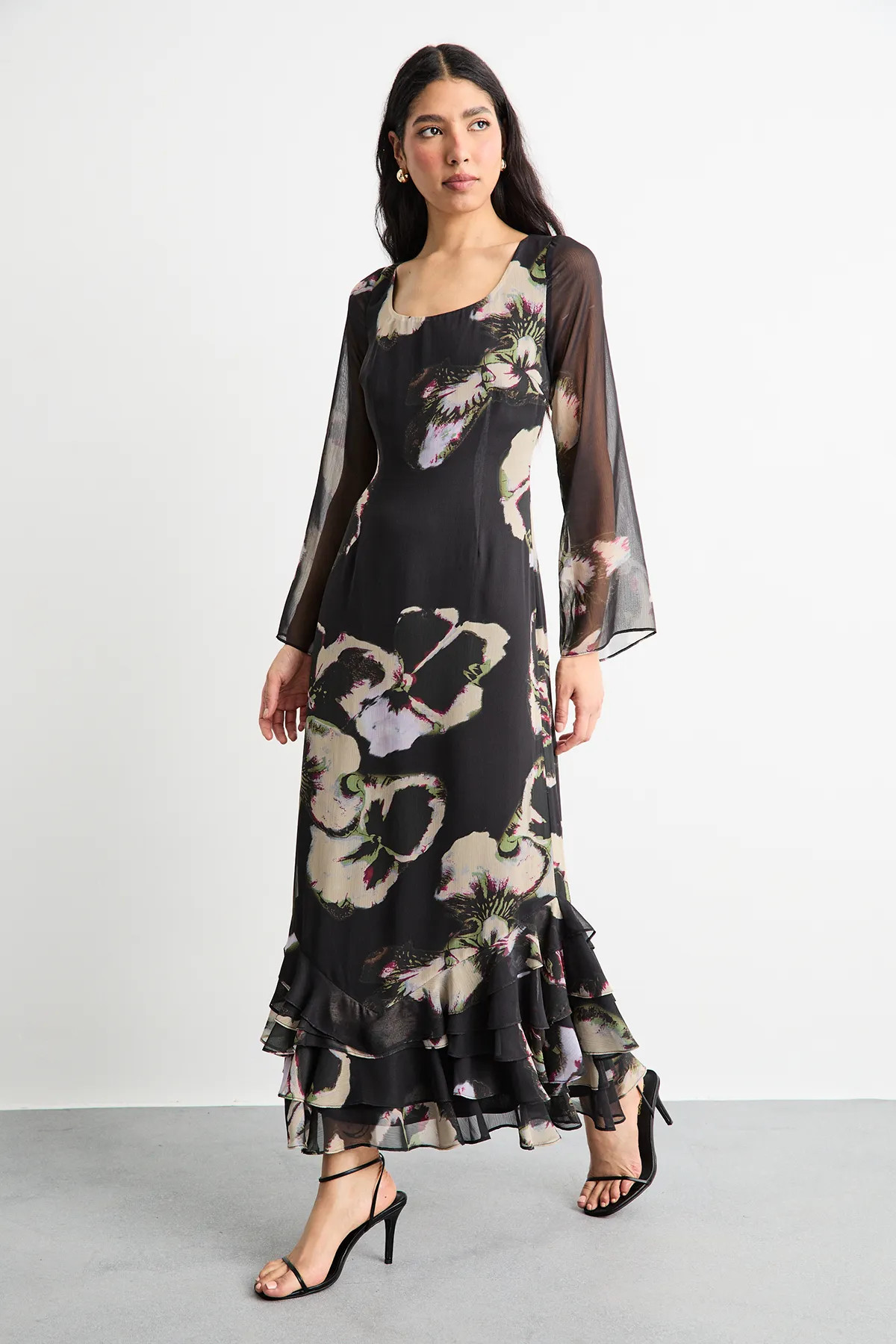 Dresses | Printed Scoop Neck Ruffle Hem Midi Dress | Warehouse | Nasty Gal US