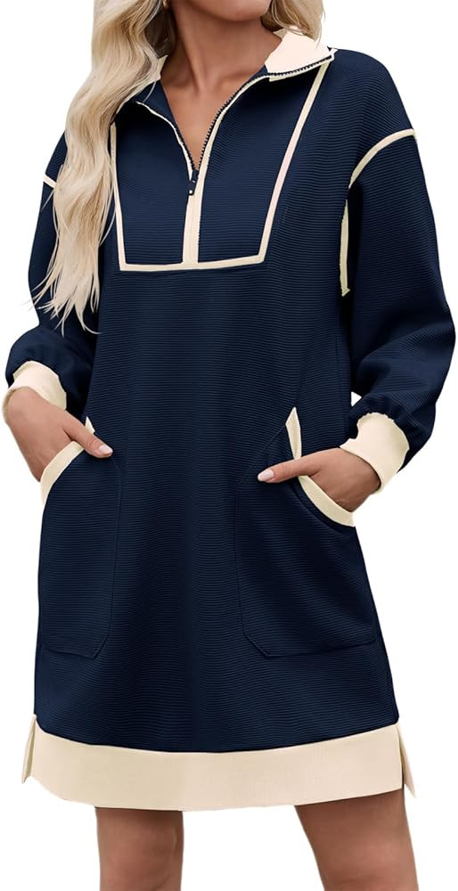 Wenrine Women's Oversized Sweatshirt Dress Half Zip V Neck Long Sleeve Contrast Fall Casual Mini ... | Amazon (US)