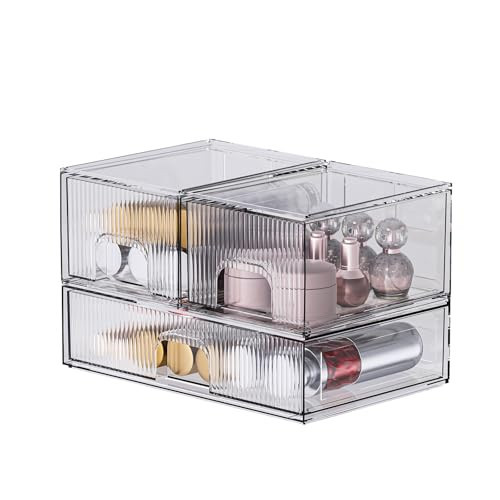 ZHIAI 3 Pack Clear Stackable Cosmetic Organizer with Acrylic Drawers for Cosmetics and Small Items for Dresser, Vanity, Kitchen Cabinet, Pantry, Home Organization and Storage | Amazon (US)