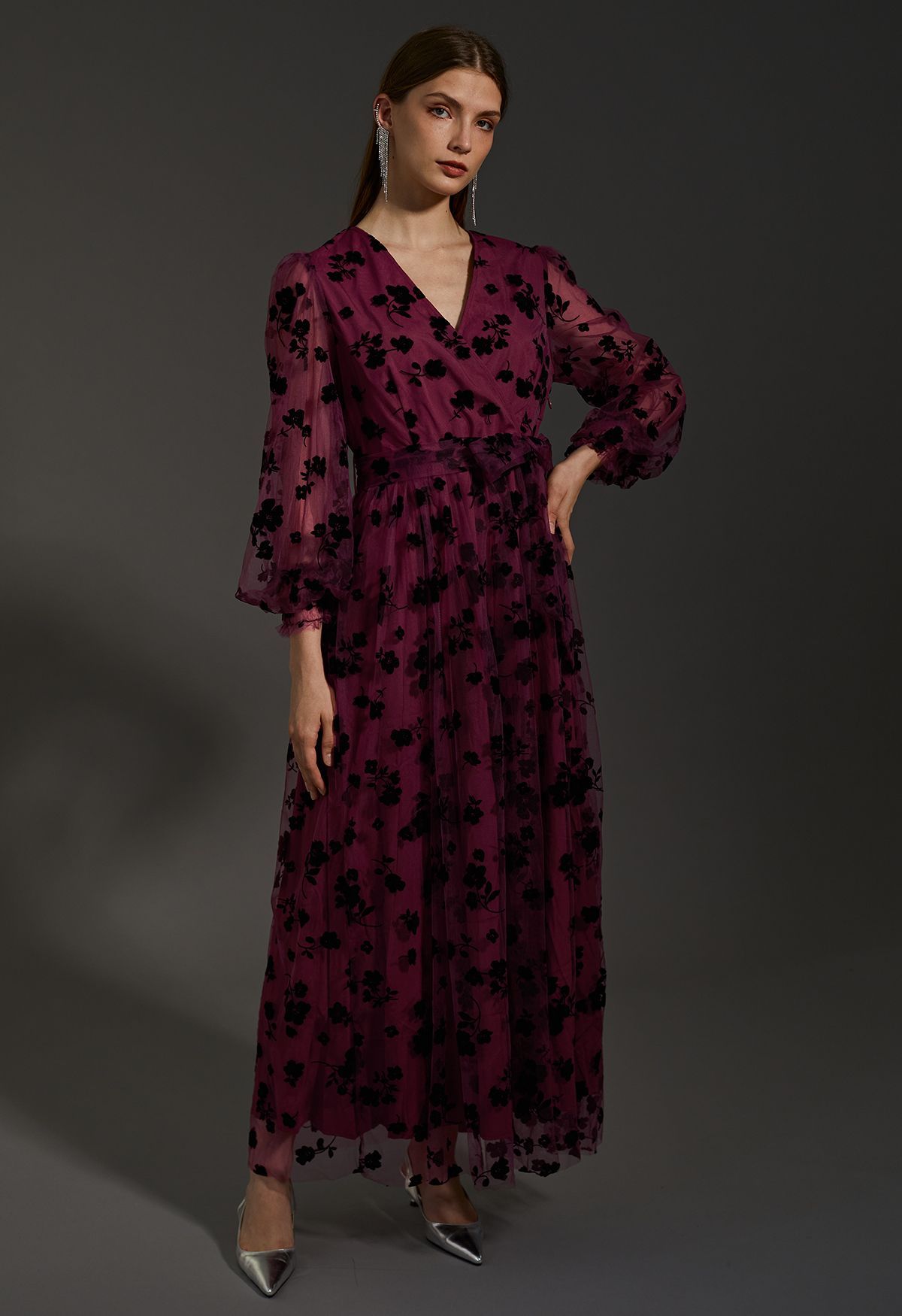 3D Posy Mesh Wrap Maxi Dress in Burgundy | Chicwish