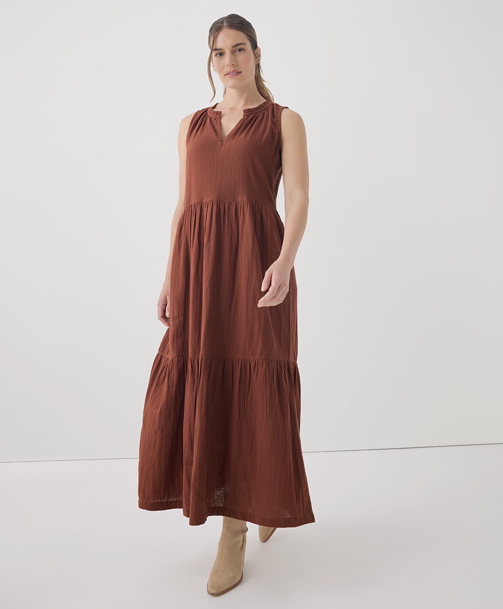 Women's Mahogany Coastal Double Gauze Ruffle Maxi Dress M | Pact Apparel