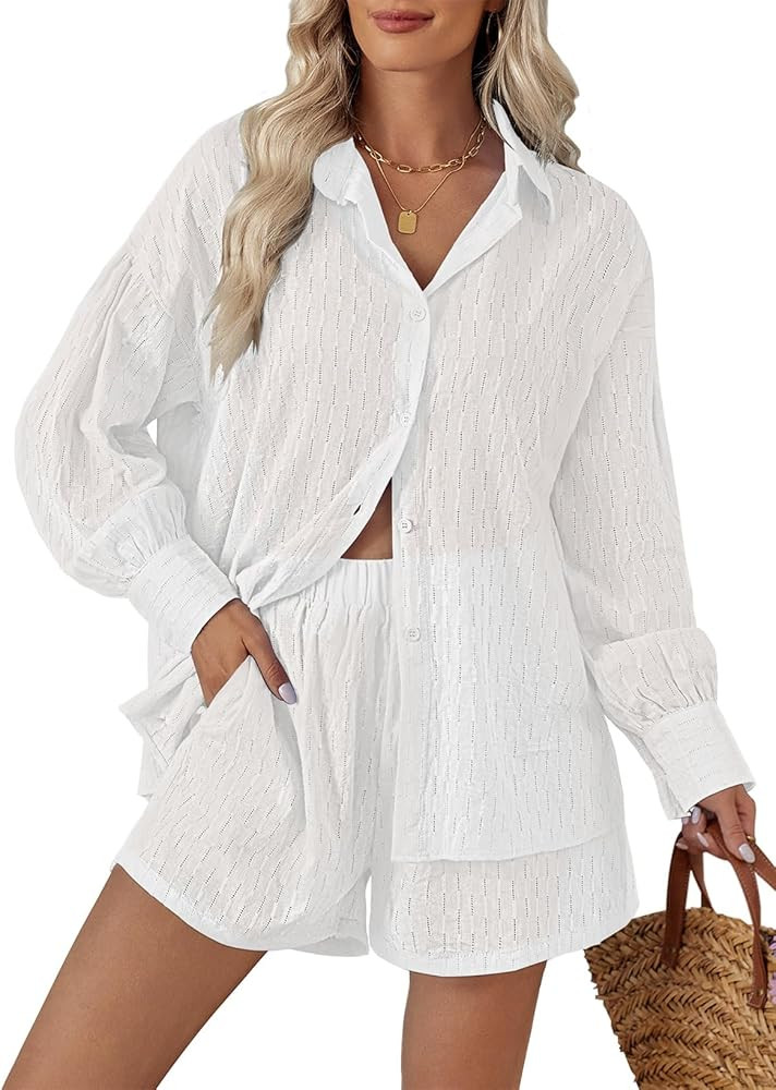 Fixmatti 2 Piece Outfits Long Sleeve Button Down Shirt and Shorts Sweatsuit Lounge Sets | Amazon (US)