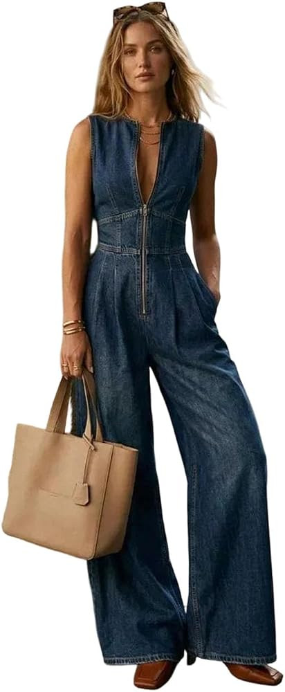 Women Summer High Waist Loose Sleeveless Denim Jumpsuit | Amazon (US)
