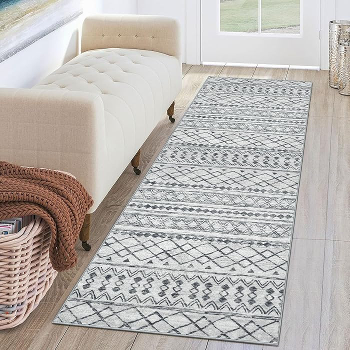 KUTA 2x6 Washable Runner Rug Non-Slip, Grey Moroccan Boho Rug Runner for Hallways Distressed Geom... | Amazon (US)