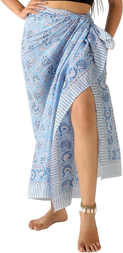 100% Cotton Sarong Coverup for Women Indian Hand Block Print Swimsuit Pareo Wrap Skirt Beach Biki... | Amazon (US)
