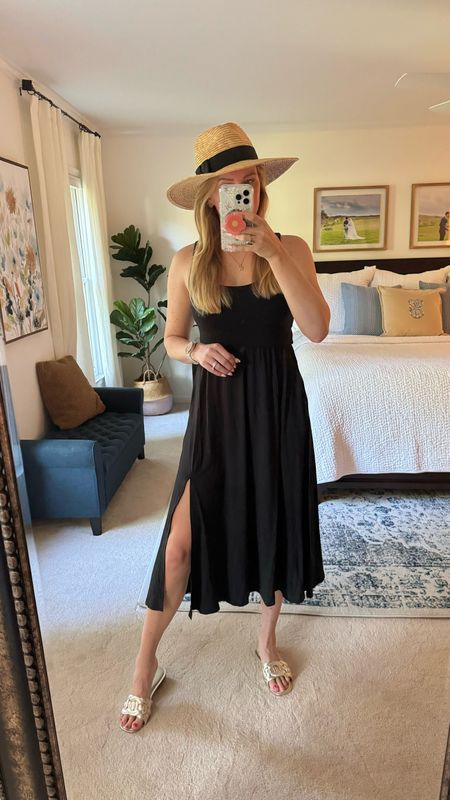 Black summer midi dress - flowy flattering fit, soft fabric and pockets! I sized down one and love the fit. Scoop in front and back

Paired with my favorite summer hat and metallic gold sandals

Summer outfit idea, affordable summer dress, little black dresss

#LTKSeasonal #LTKFindsUnder50 #LTKStyleTip