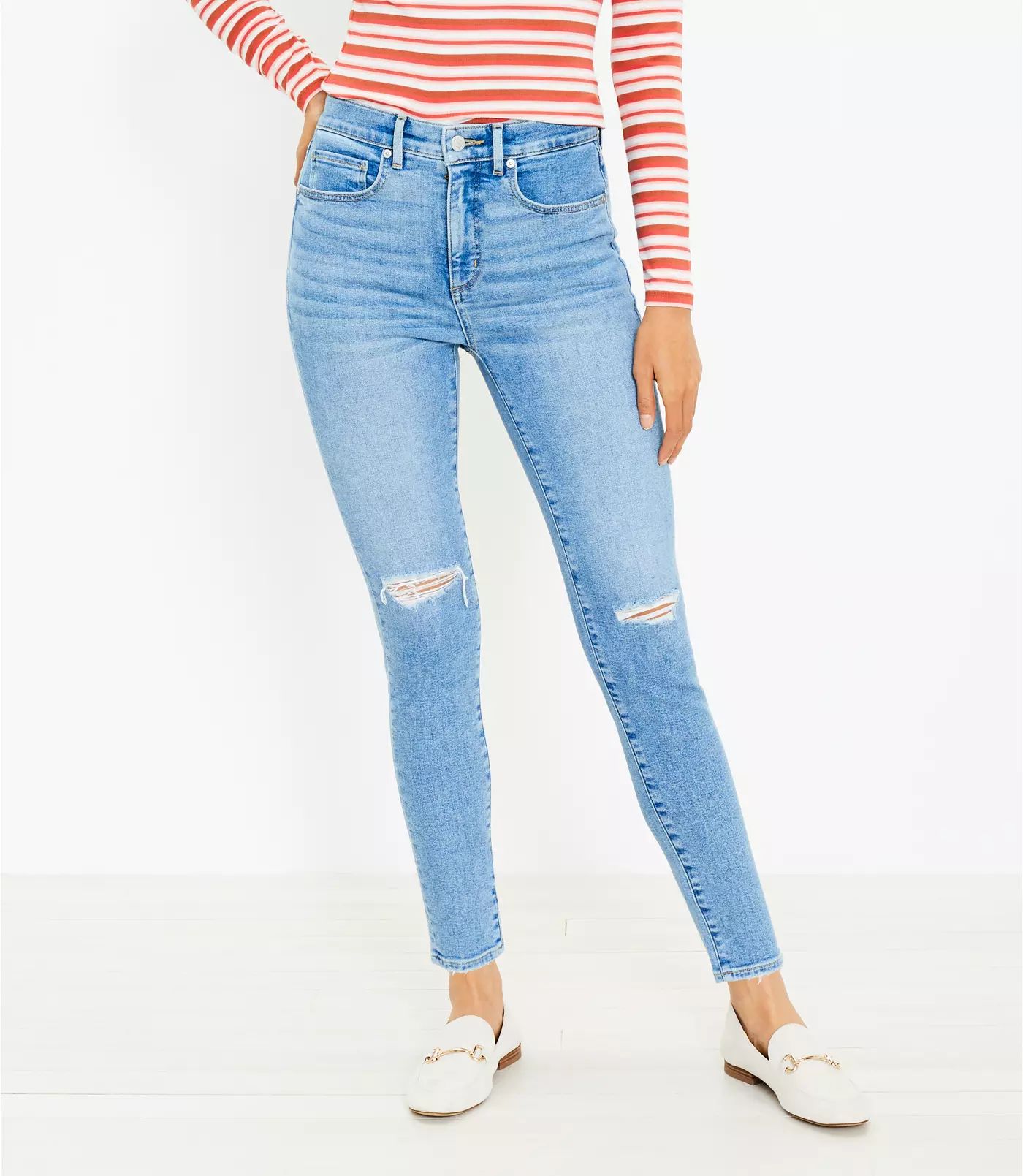 Petite Destructed High Rise Skinny Jeans in Light Indigo Wash | LOFT