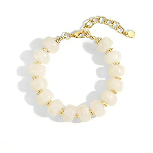 ENSKEFEN Beige Chunky Beaded Bracelets for Women Trendy Cream White Acrylic Resin Beads Bracelet Adjustable Statement Bracelet Boho Summer Jewelry | Amazon (US)