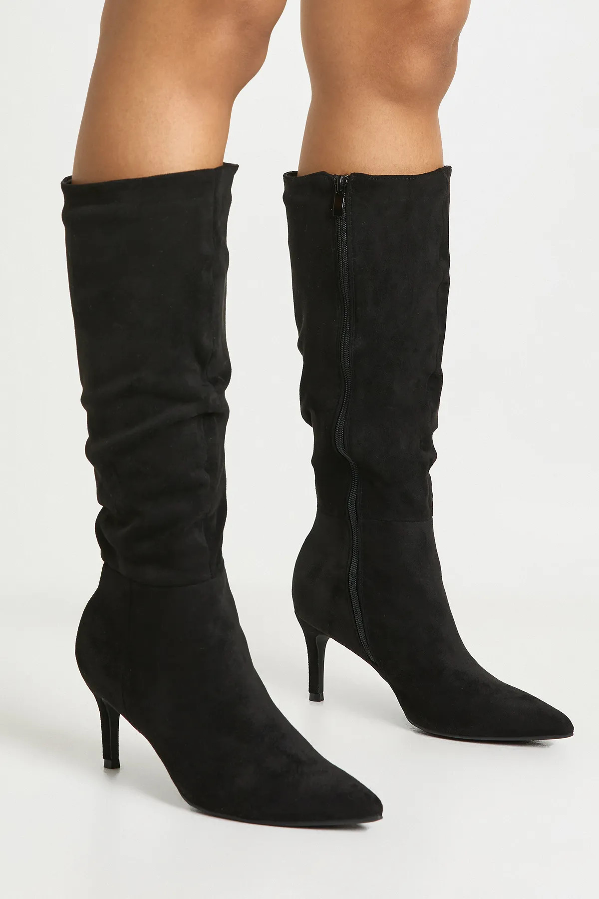 Faux Suede Ruched Low Stiletto Knee High Boots | Boohoo.com (UK & IE)
