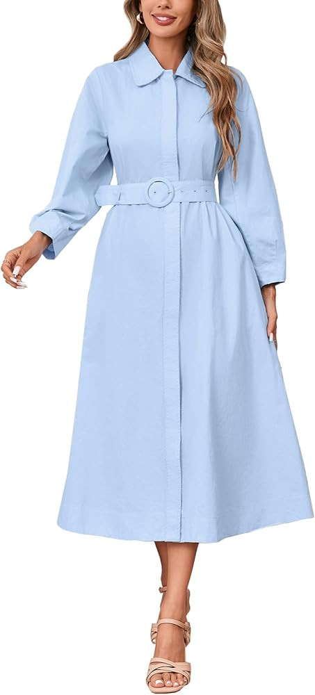 YEXPINE Womens Cotton Belted Shirt Dress Long Sleeve Button Down Midi Dress Elegant Casual A Line... | Amazon (US)