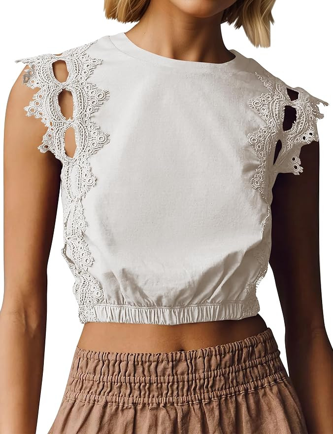 Ythomm Womens Lace Trim Cutout Bubble Tops Crew Neck Eyelet Crop Tank Tops Trendy Hollow Out Boho... | Amazon (US)