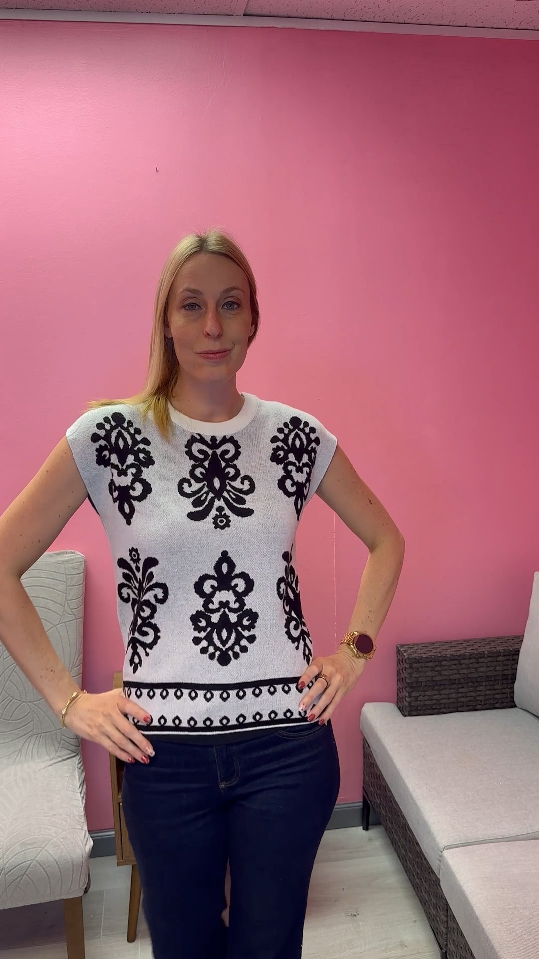 Black and white spring blouse 
🤍 I love the beautiful pattern on it
🤍it does have stretch and is so comfy sweater knit material 
🤍 fits true to size, wearing size small and I am 5’10”

#LTKTall #LTKFindsUnder50 #LTKFindsUnder100