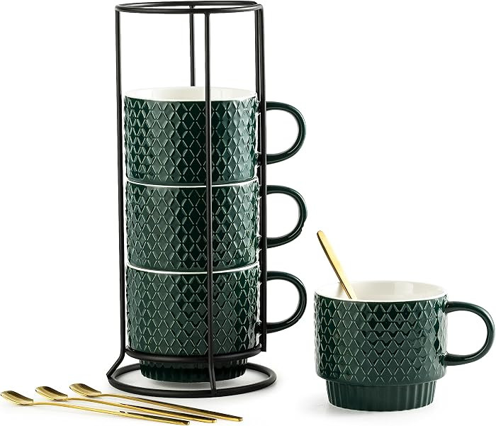 LYEOBOH Coffee Mug Set Porcelain Stackable Coffee Mugs with Stand and Spoons, 13 OZ. Cappuccino C... | Amazon (US)