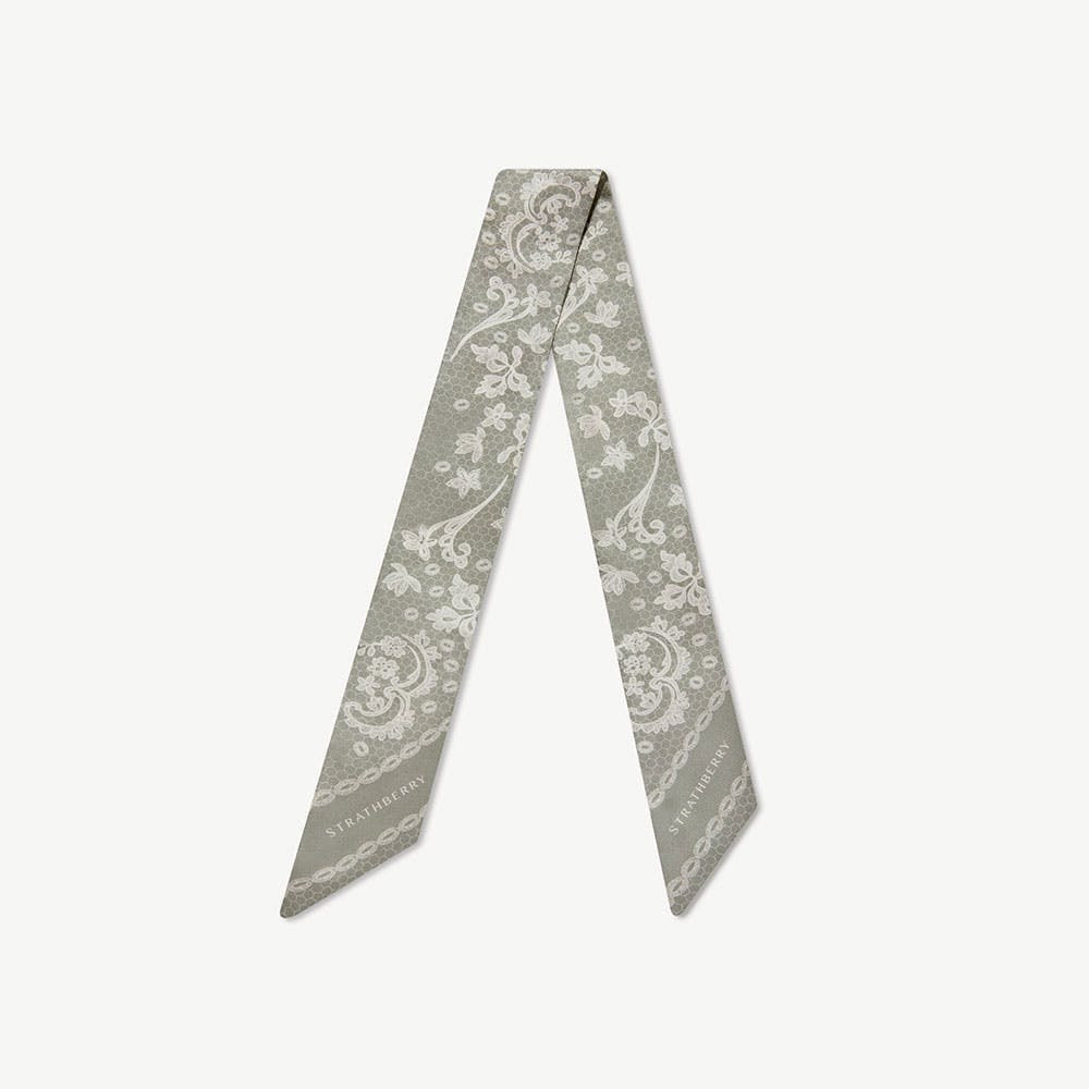 Silk Skinny Scarf - Sage Silk Lace Print | Strathberry