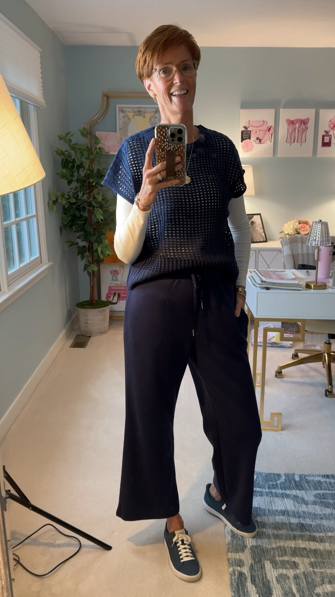 One of the best Amazon sets in my opinion. Comes in many colors. I now have two colors. This navy and a taupe. Love the open knit top that you can wear in the warmer months or layer a tee shirt under in the colder months. The pants are really soft and light as air. This also makes a great travel outfit.
Wearing a large.

#LTKOver40 #LTKStyleTip #LTKFindsUnder50