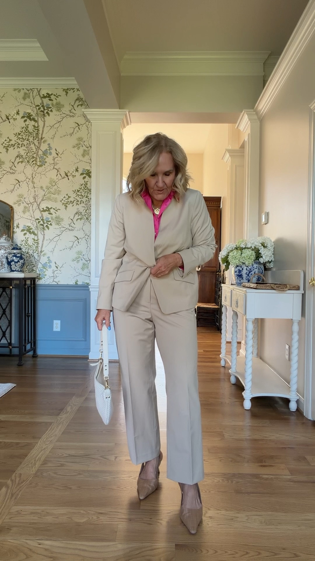 Talbots sale! 
Summer suit for the office work conferences or travel. 
Jacket size 10 petite 
Pants size 8 regular I think they’re supposed to be an ankle length. They are a straight leg. 
Blouse medium petite

#LTKSaleAlert #LTKOver40 #LTKWorkwear