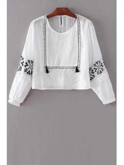 Pleated Front Embroidered White Top | ZAFUL (Global)