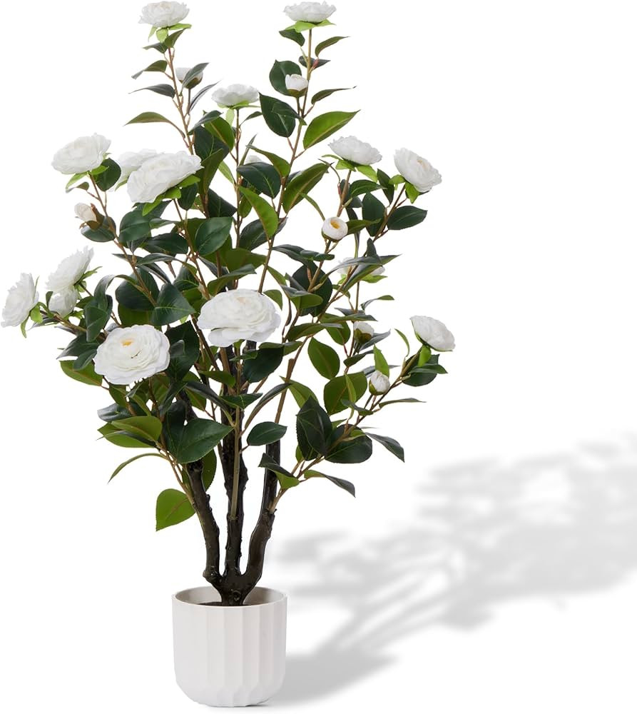 38'' Artificial Faux Camellia Tree Plants for Indoor Outdoor, Fake White Silk Camellia Tree Plant... | Amazon (US)
