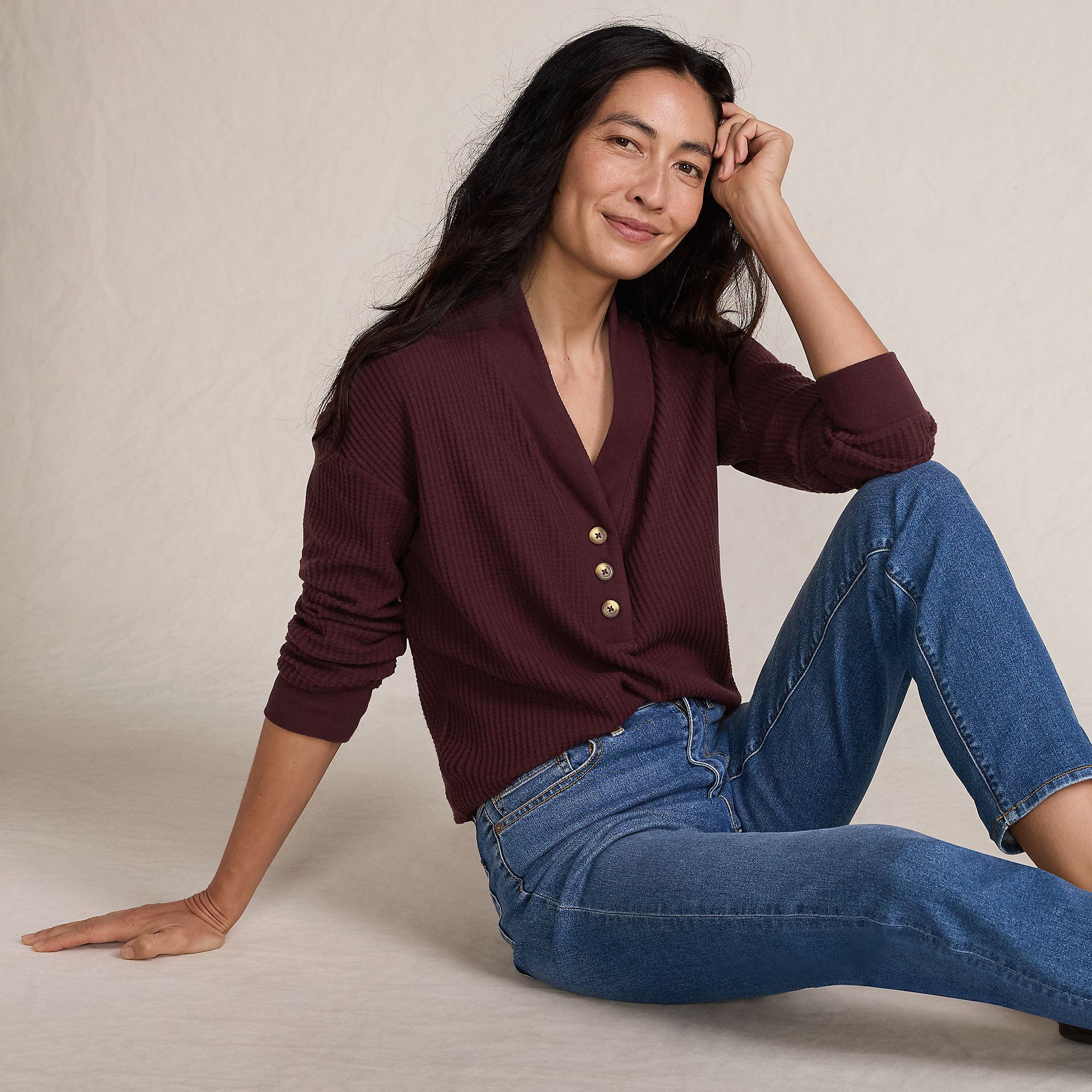 Women's Petite Long Sleeve Waffle Shawl Collar Henley | Lands' End (US)