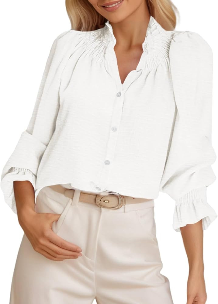 Tankaneo Womens Puff Long Sleeve Button Down Shirts Ruffle Mock Neck Blouses Dressy Casual Loose ... | Amazon (US)
