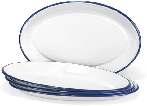 Red Co. Set of 4 Enamelware Metal Classic 13" Serving Oval Tray Platter, Solid White/Navy Blue Ri... | Amazon (US)