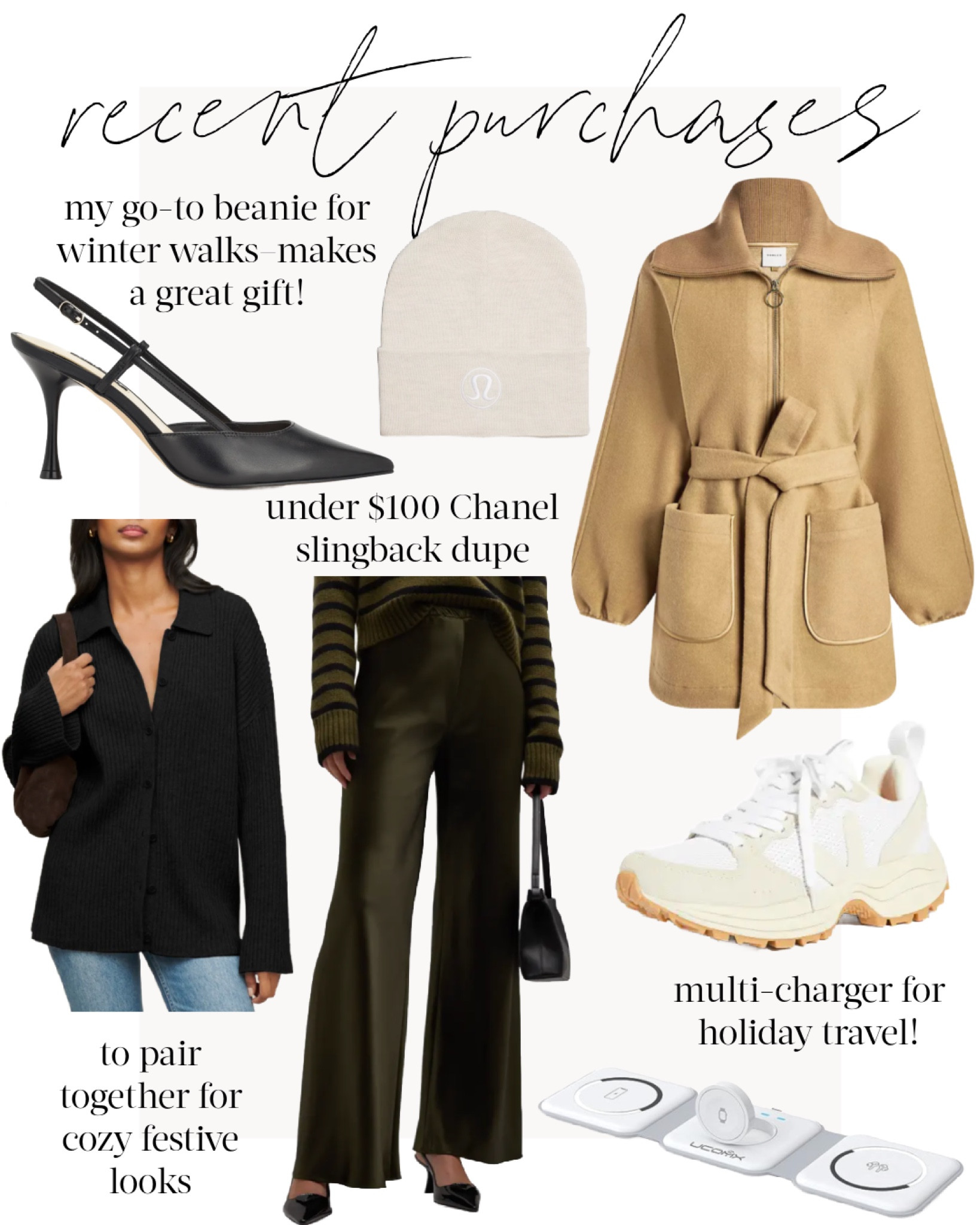 Recent buys for winter and holiday ❄️✨ My Lululemon beanie is now available in cream! It makes a great gift under $50. Pants and cardigan TTS. Veja Venturi sneakers TTS.

#veja #reformation #laligne #winteroutfits #winterclothes #wintercoat #casualwintercoat 

#LTKHoliday #LTKCyberWeek #LTKSeasonal