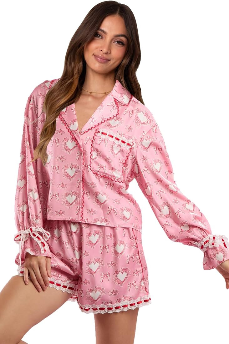 Women Valentine's Day Pajamas Set Bow Tie Long Sleeve Shirt Ruffle Shorts Cute Heart Print 2 Piec... | Amazon (US)