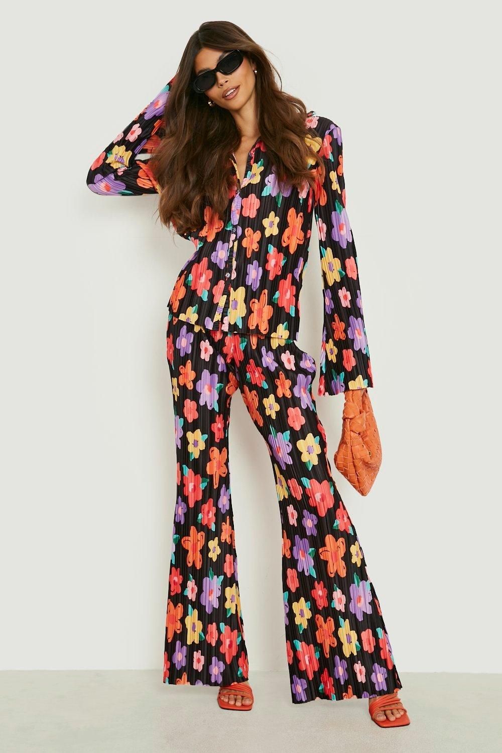 Bright Floral Flared Plisse Trousers | Boohoo.com (US & CA)