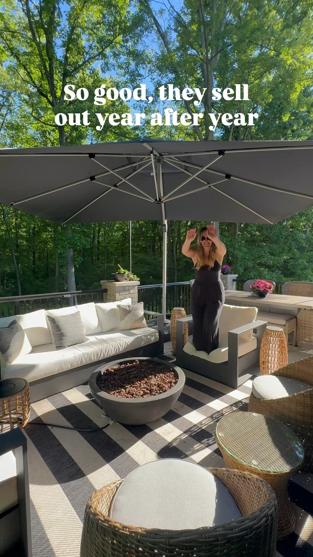 #ad @Wayfair  Check out these high-quality outdoor finds that sell out year after year including my huge patio umbrella that swivels 360 degrees, rope detail outdoor swivel chairs and table, black and white patio set, affordable outdoor rugs and solar lights. #Wayfair #WayfairPartner #outdoors #wishyouwerehere

#LTKSaleAlert #LTKHome #LTKSeasonal
