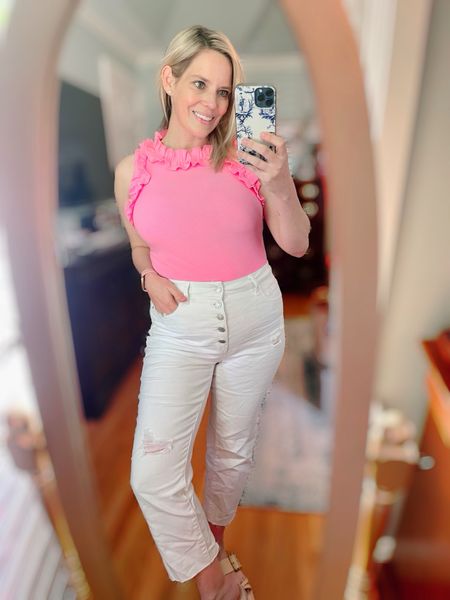 Pink ruffle bodysuit, white jeans, flat sandals 

#LTKover40 #LTKfindsunder100 #LTKfindsunder50