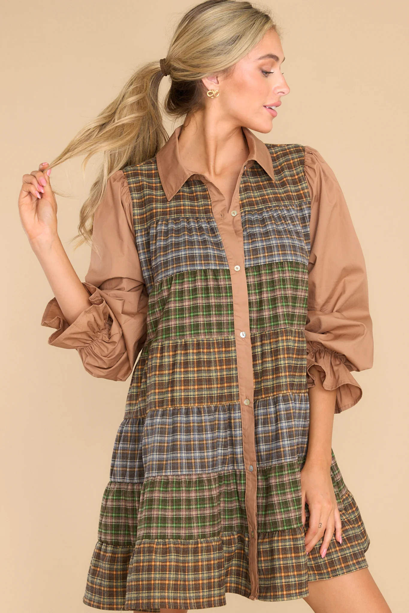 Makes Me Happy Camel Multi Dress | Red Dress 