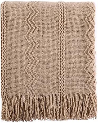 BATTILO HOME Khaki Throw Blanket with Fringe Geometric Bed Tan Throws Spring Decorative Large Thr... | Amazon (US)