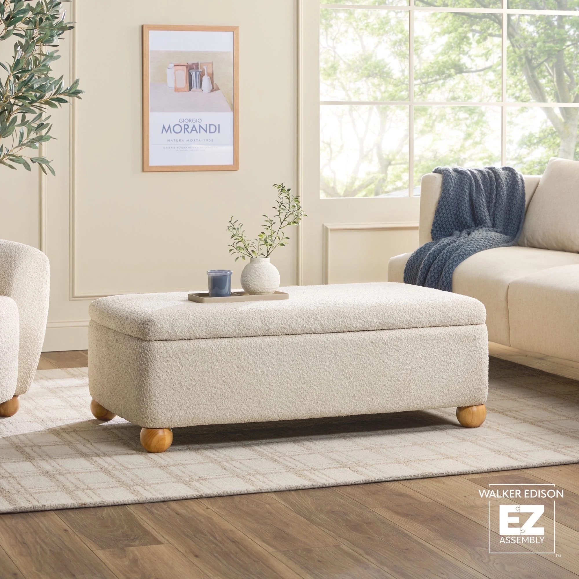 Walker Edison Contemporary Bouclé Easy Assembly Large Storage Ottoman, Ivory | Walmart (US)