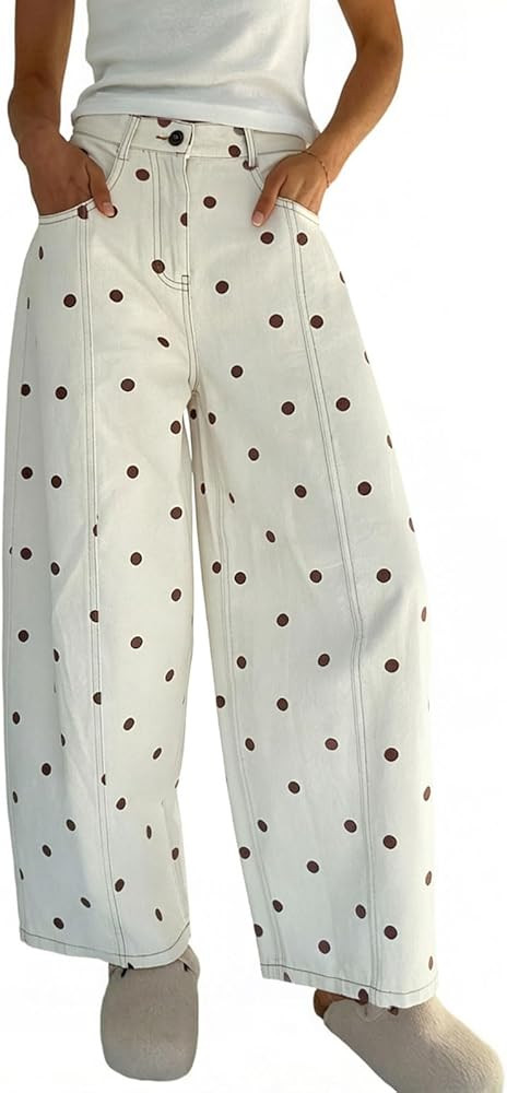 CHARTOU Y2k Polka Dot Barrel Jeans Women Seam Front Baggy Jeans Casual High Waist Wide Leg Denim ... | Amazon (US)