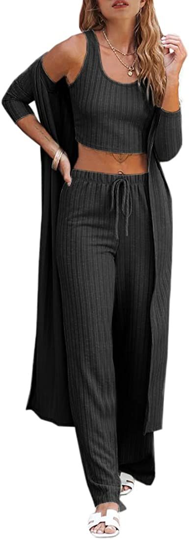 Womens Lounge set Cute Tank Top Wide pants and Kimono Coat Knit Jumpsuit Casual 3 Piece Outfit at... | Amazon (US)