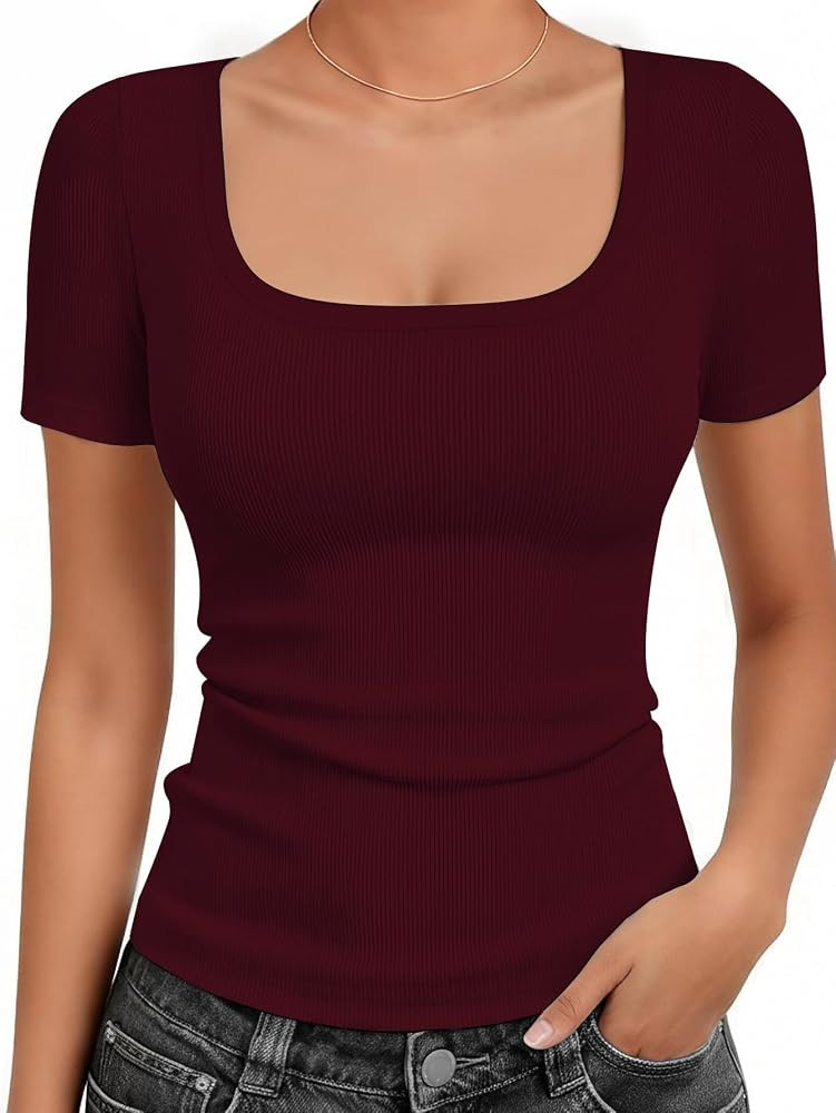 Cotton Ribbed Basic T Shirts for Women,Slim Fit Scoop Neck Short Sleeve Summer Shirts,Solid Plain... | Amazon (US)