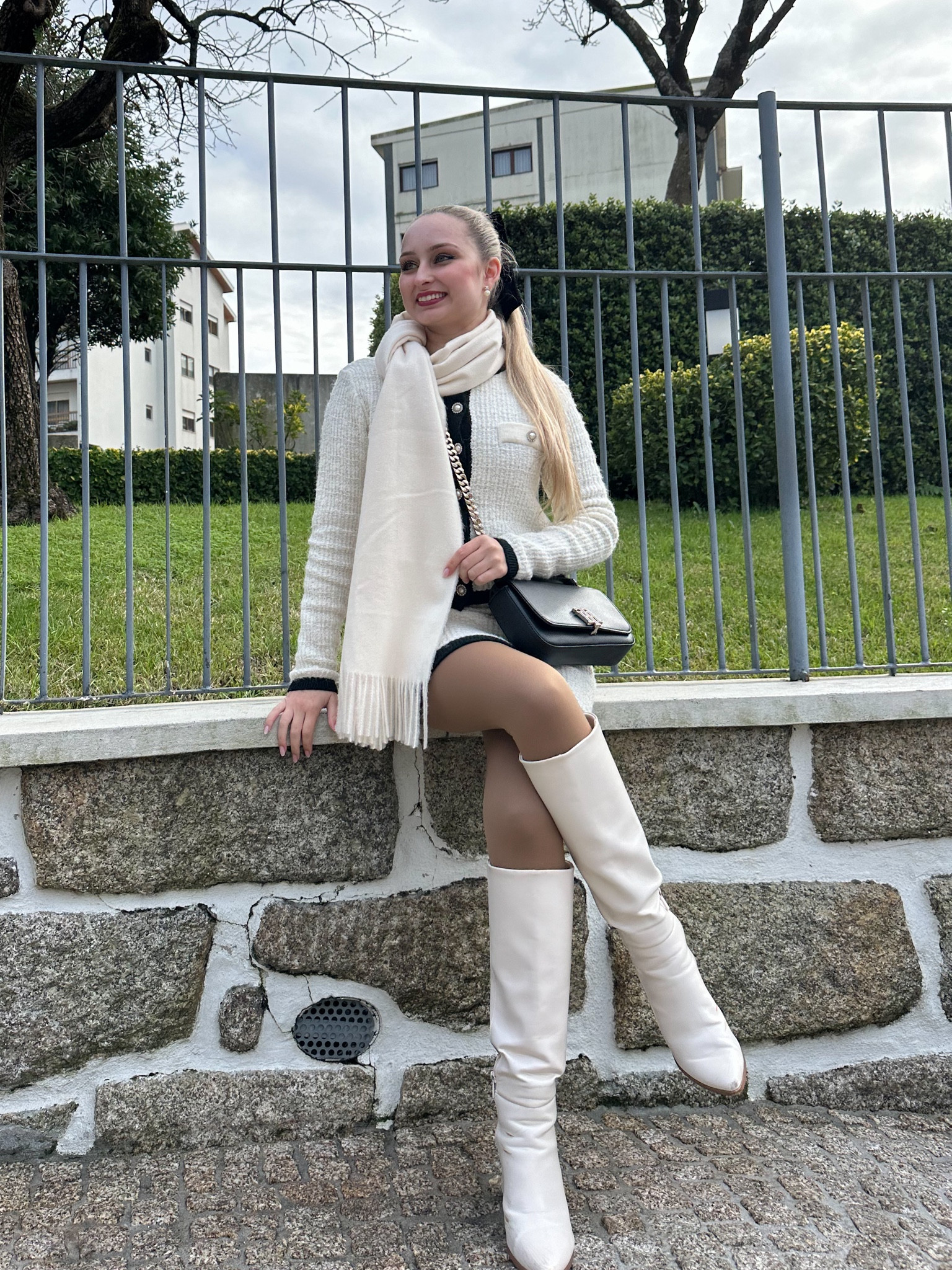 Nothing better than a neutral outfit 🤍 with white boots, a black cross-body bag and a special hairstyle, a ponytail with a black velvet bow 

#LTKworkwear #LTKeurope #LTKSeasonal