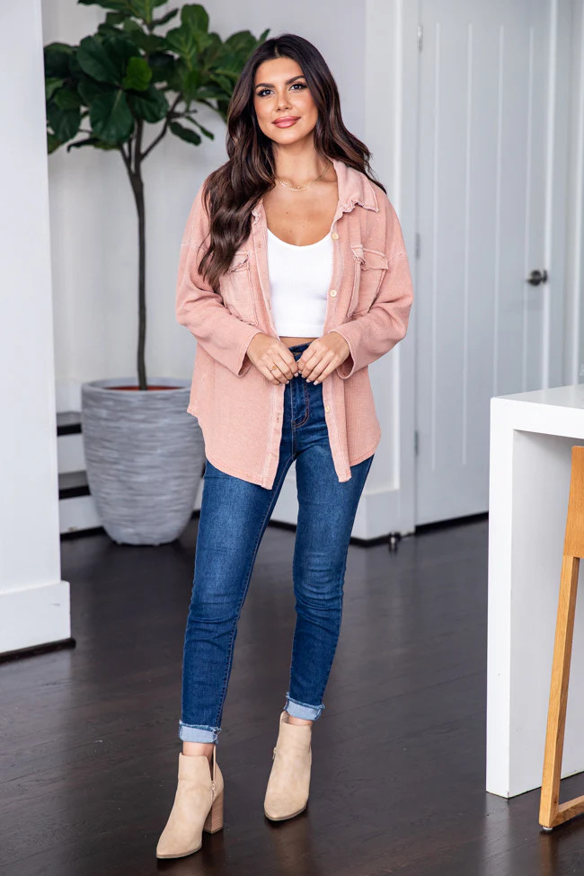 Brand New Day Tan Acid Wash Waffle Knit Shacket FINAL SALE | Pink Lily