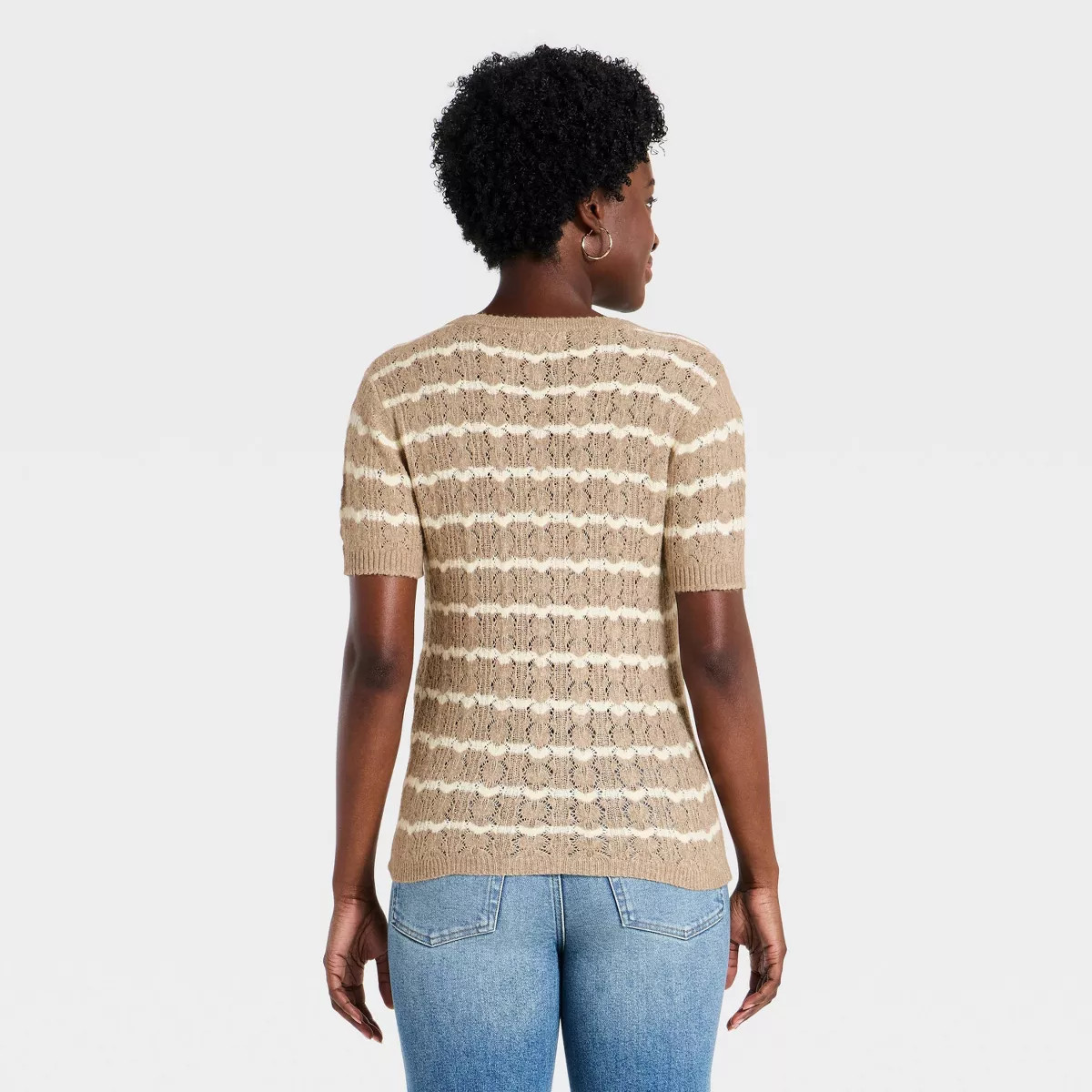 Women's Short Sleeve Heirloom Henley Pullover Sweater - Universal Thread™ Taupe Striped M | Target