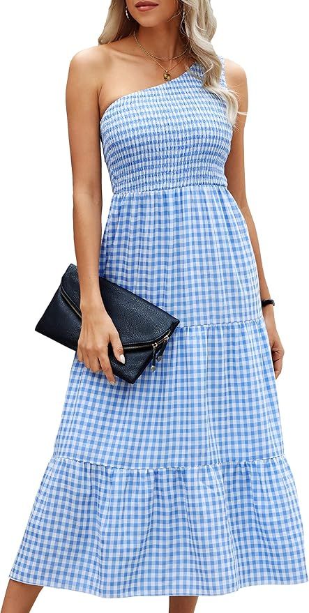 AOVDE Womens Summer Dress One Shoulder Plaid Dress Elegant Party Ruffled Flowy Dress | Amazon (US)