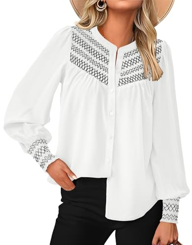 PRETTYGARDEN Button Down Long Sleeve Shirts for Women Casual V Neck Oversized Smocked Boho Tops Dressy Casual Clothes (White, X-Large) | Amazon (US)