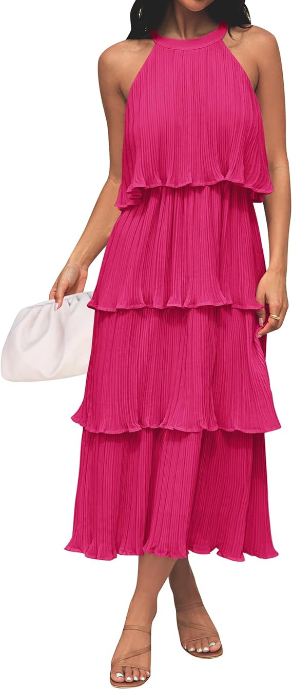 ZESICA Women's 2024 Summer Sleeveless Halter Neck Ruffle Tiered Layered Chiffon Flowy Swing Long ... | Amazon (US)