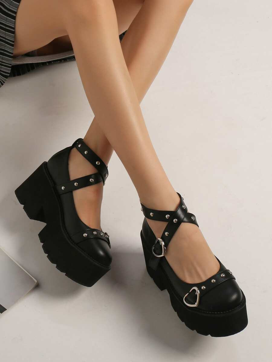 Criss Cross Heart & Studded Decor Platform Mary Jane Shoes Valentines,Loafers For Women | SHEIN