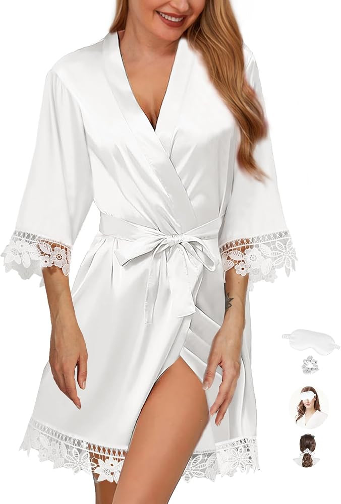 3Pcs Womens Satin Robes for Bride Bridesmaid Silk Bathrobes Silky Kimono Robe for Wedding Party L... | Amazon (US)