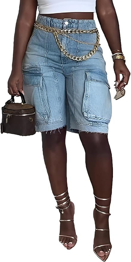NRTHYE Women Denim Shorts High Waisted Straight Leg Casual Cargo Jean Shorts with Pockets | Amazon (US)