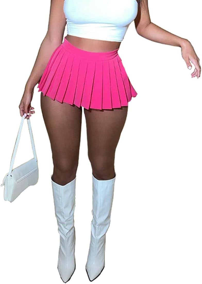 Women's Mini Pleated Skirts Sexy Club Y2k High Wiast Stretchy Tennis Skater A-line Skirt | Amazon (US)