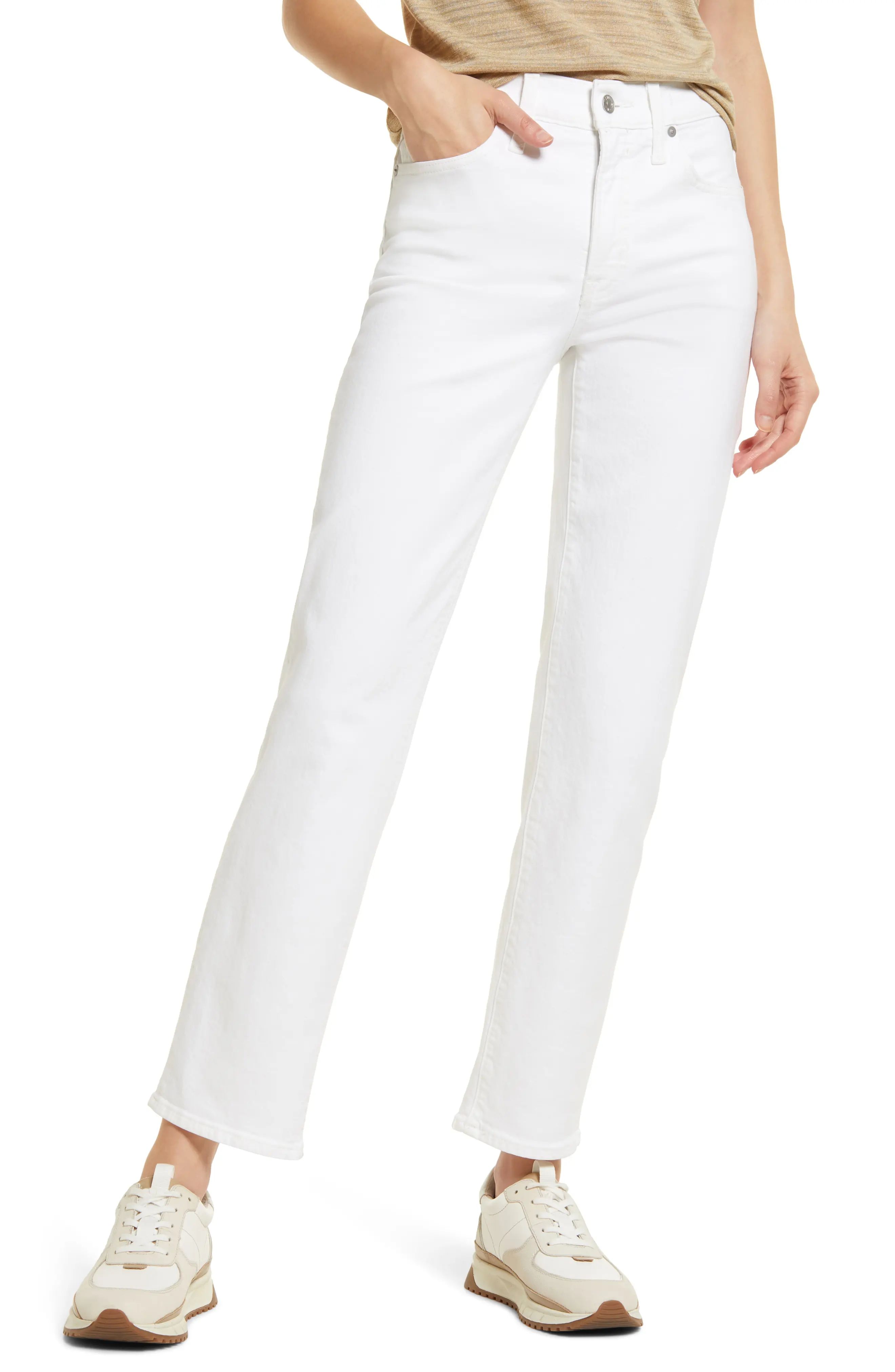 Madewell Women's The Mid Rise Perfect Raw Hem Straight Leg Jeans in Tile White at Nordstrom, Size 26 | Nordstrom