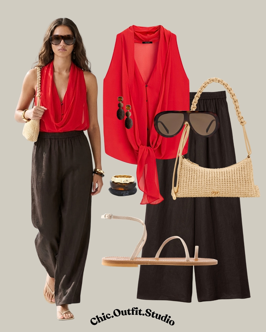 Red Draped Top & Chocolate Brown Trousers

✨This vibrant red draped halter top paired with fluid chocolate brown trousers creates an effortlessly elevated summer outfit that feels chic, feminine, and polished. The soft flowing fabric and woven accessories give this look a relaxed luxury feel that works beautifully for vacation dinners, rooftop cocktails, summer date nights, resort evenings, or elegant city weekends. A bold color combination that instantly makes a statement while still feeling timeless and wearable.

✨Tags: red halter top outfit, chocolate brown trousers outfit, elegant summer outfit women, classy vacation outfit, resort chic style, European summer fashion, elevated casual outfit, woven bag outfit, sophisticated summer look, feminine evening outfit, minimalist luxury style, quiet luxury outfit women, summer dinner outfit, polished casual chic, effortless elegant fashion 

 #LTKsummer #LTKshoes #LTKbag