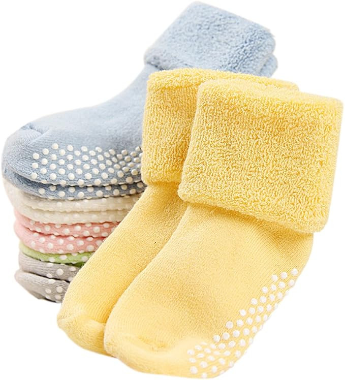 VWU Ankle Crew Socks with Grips, Baby Toddler Kids Unisex Warm Thick Cotton Socks 0-6T 6-Pack | Amazon (US)
