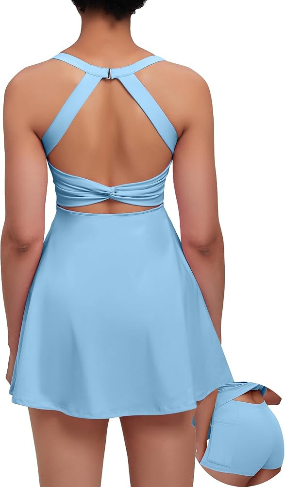 Womens Tennis Golf Dress with Open-Back Waistband Shorts Pockets Workout Athletic Dresses | Amazon (US)
